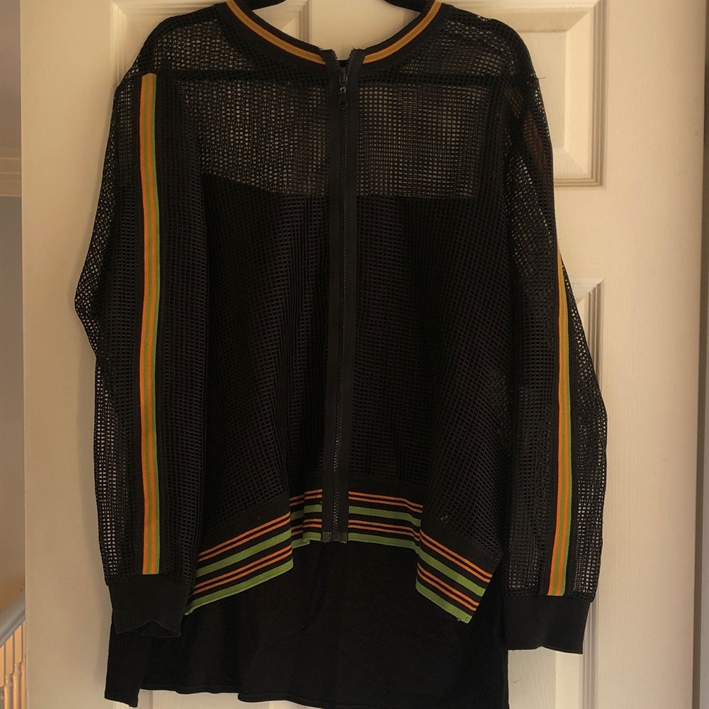 Black Mesh Zip-Front Jacket with Multicolor Stripe Trim